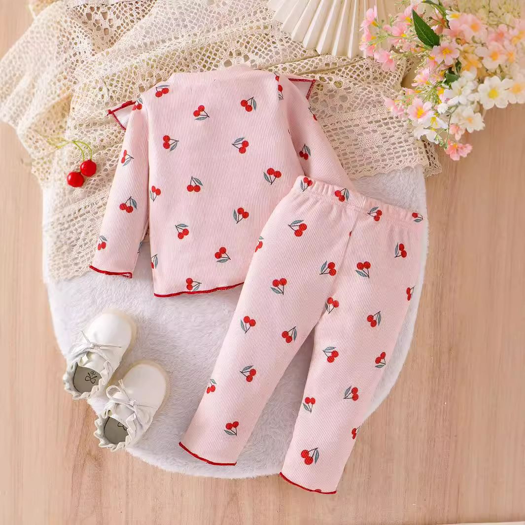 Autumn Girls' Cherry Print Long-Sleeve Top and Pants Set, Warm and Sweet Ruffle Design, Baby Casual Outfit