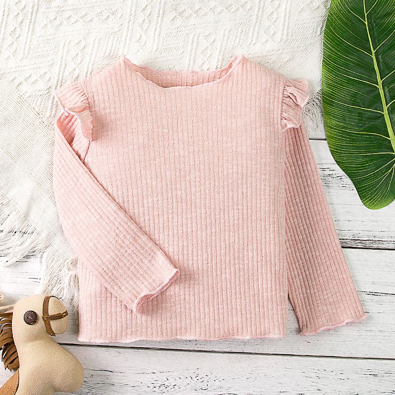 Autumn and Winter Girls' Solid Color Fleece Long-Sleeve Base Shirt, Everyday Comfortable Sweet Ruffle Shoulder Design, Warm Top