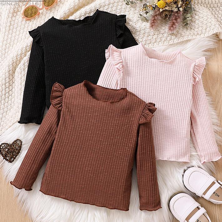 Autumn and Winter Girls' Solid Color Fleece Long-Sleeve Base Shirt, Everyday Comfortable Sweet Ruffle Shoulder Design, Warm Top