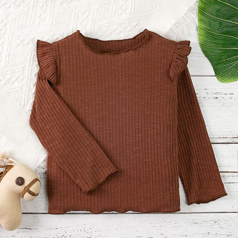 Autumn and Winter Girls' Solid Color Fleece Long-Sleeve Base Shirt, Everyday Comfortable Sweet Ruffle Shoulder Design, Warm Top