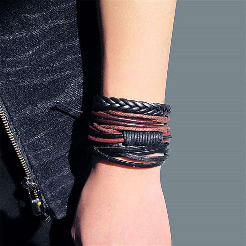 Men's 4 Piece Woven Bracelet Cowhide Bracelet Jewelry Vintage Men's Multi-Layer Bracelet Set