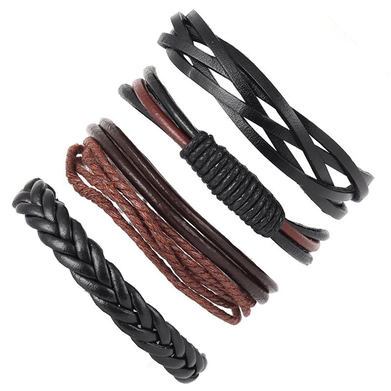 Men's 4 Piece Woven Bracelet Cowhide Bracelet Jewelry Vintage Men's Multi-Layer Bracelet Set