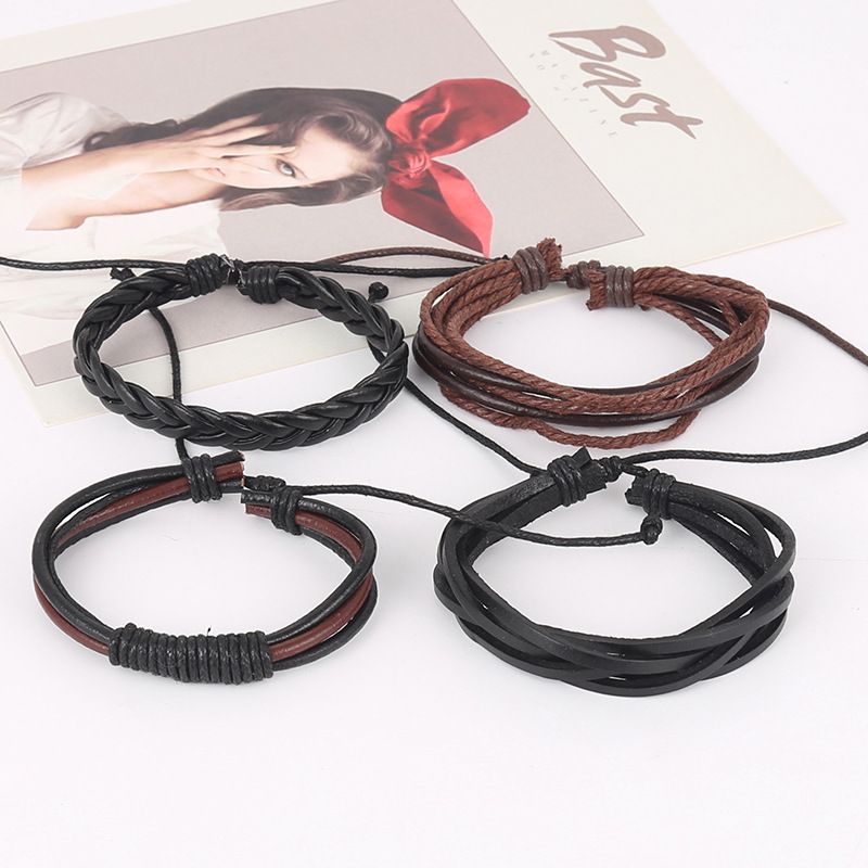 Men's 4 Piece Woven Bracelet Cowhide Bracelet Jewelry Vintage Men's Multi-Layer Bracelet Set