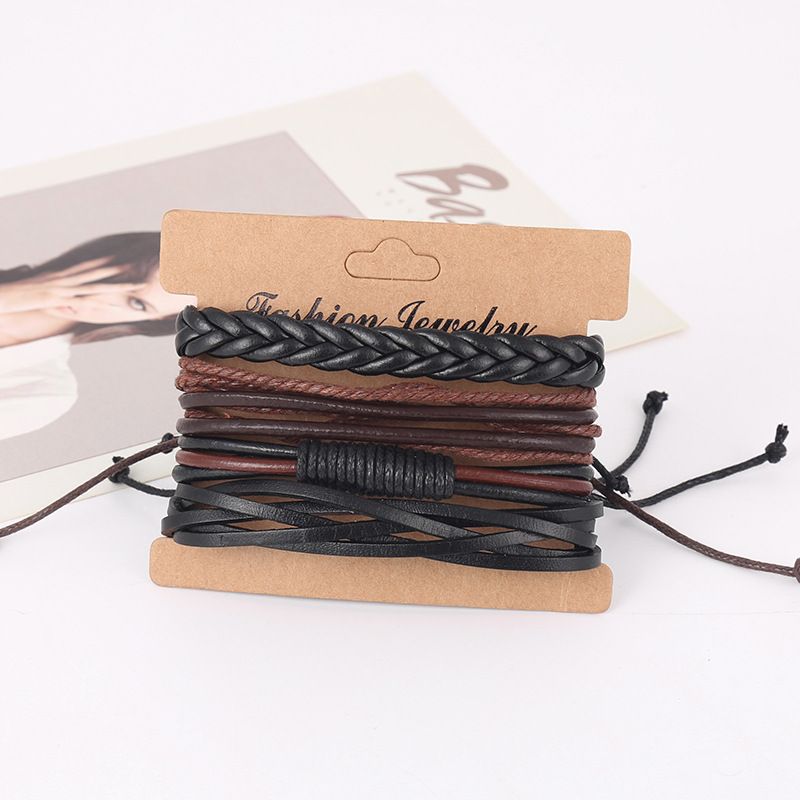 Men's 4 Piece Woven Bracelet Cowhide Bracelet Jewelry Vintage Men's Multi-Layer Bracelet Set