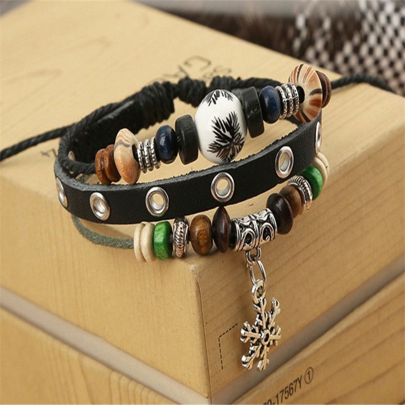 Couple Bracelets Genuine Leather Bracelets Beaded cowhide bracelets