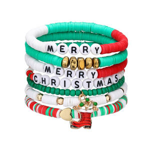 7-piece Christmas soft ceramic zinc zinc alloy boots with handmade beaded letters and adjustable elastic fashion bracelet set