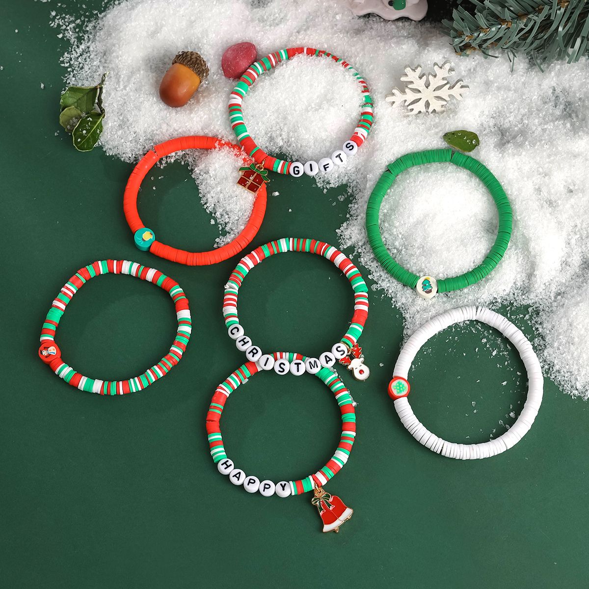 7-piece Christmas soft ceramic zinc zinc alloy gift box bell handmade bead elastic adjustable fashion bracelet set