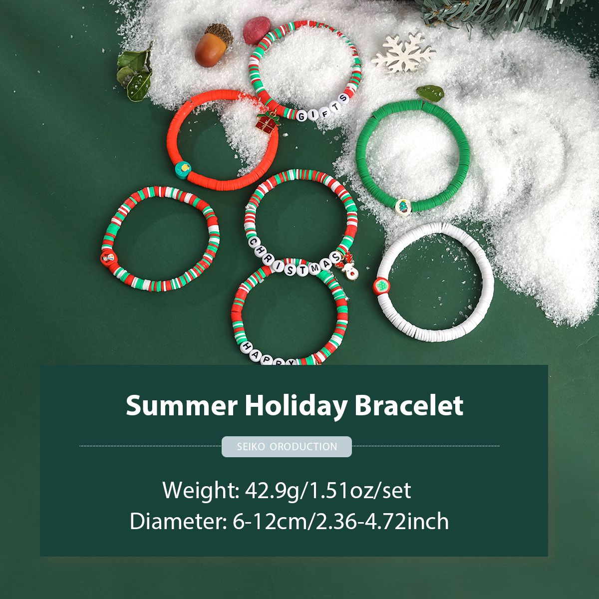 7-piece Christmas soft ceramic zinc zinc alloy gift box bell handmade bead elastic adjustable fashion bracelet set