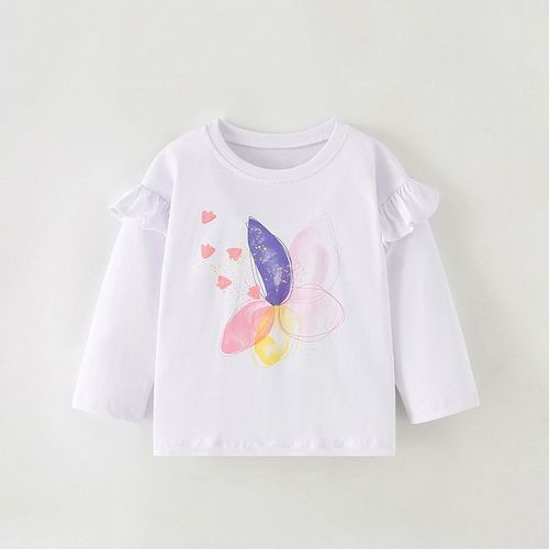 Autumn Girls' Printed Long-Sleeve T-Shirt, Kids' Ruffle Sleeve Top, Cute Butterfly Design, Casual Versatile Daily Wear