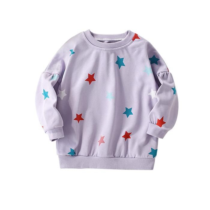 Autumn Girls' Long-Sleeve Star Print Sweatshirt, Purple Crew Neck Loose Top, Cute Casual Style