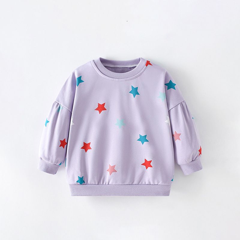 Autumn Girls' Long-Sleeve Star Print Sweatshirt, Purple Crew Neck Loose Top, Cute Casual Style