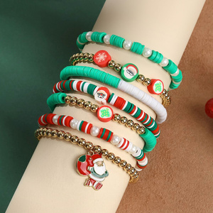 7 Pieces Christmas Soft Ceramic Zinc Alloy Santa Claus Handmade Beaded Elastic Adjustable Fashion Bracelet Set