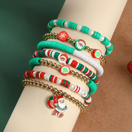 7 Pieces Christmas Soft Ceramic Zinc Alloy Santa Claus Handmade Beaded Elastic Adjustable Fashion Bracelet Set