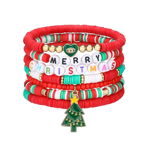 7 Pieces Christmas Soft Ceramic Zinc Alloy Christmas Tree Letters Handmade Beaded Elastic Adjustable Fashion Bracelet Set