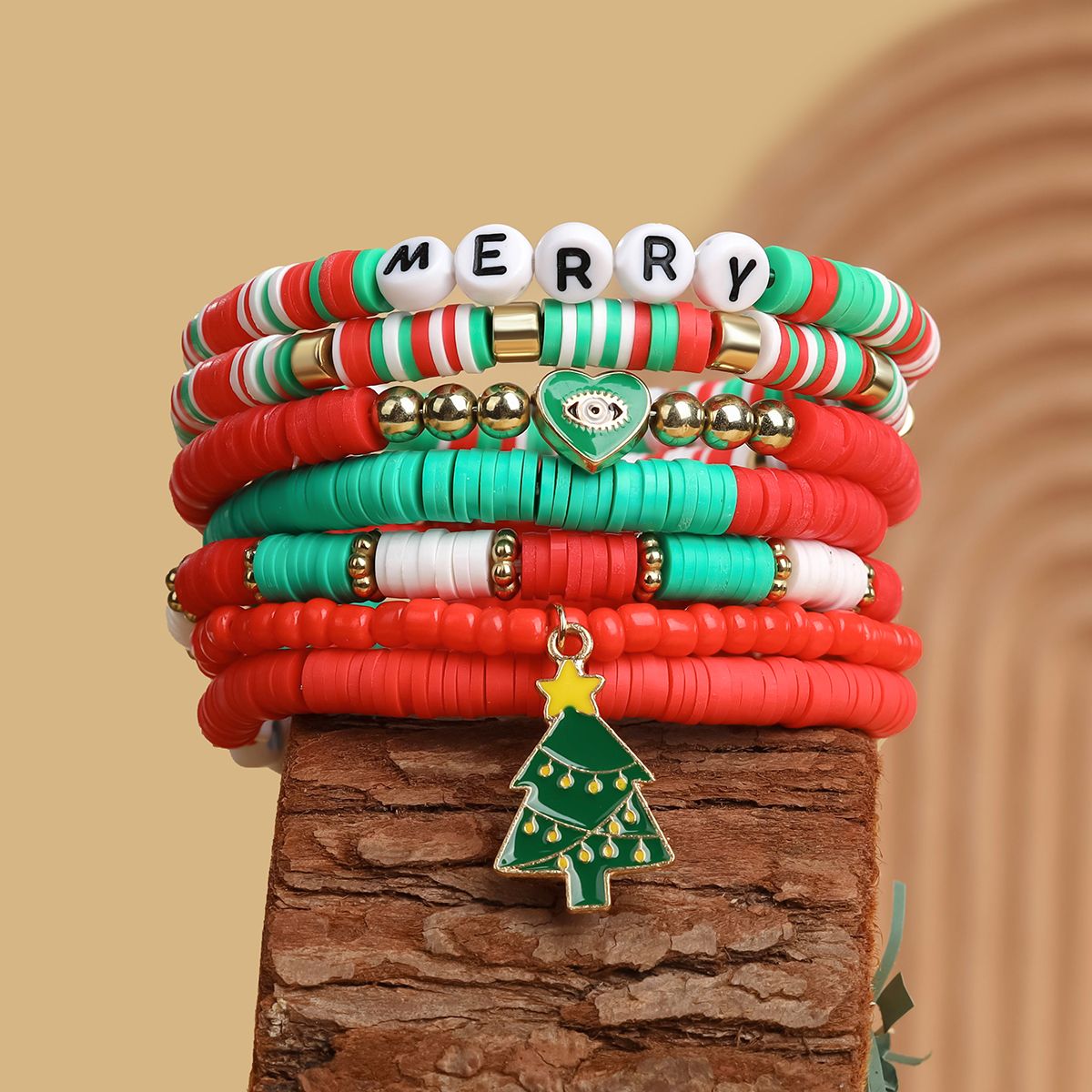 7 Pieces Christmas Soft Ceramic Zinc Alloy Christmas Tree Letters Handmade Beaded Elastic Adjustable Fashion Bracelet Set