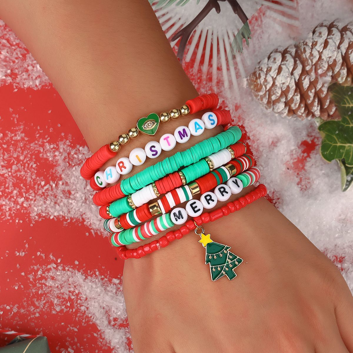 7 Pieces Christmas Soft Ceramic Zinc Alloy Christmas Tree Letters Handmade Beaded Elastic Adjustable Fashion Bracelet Set