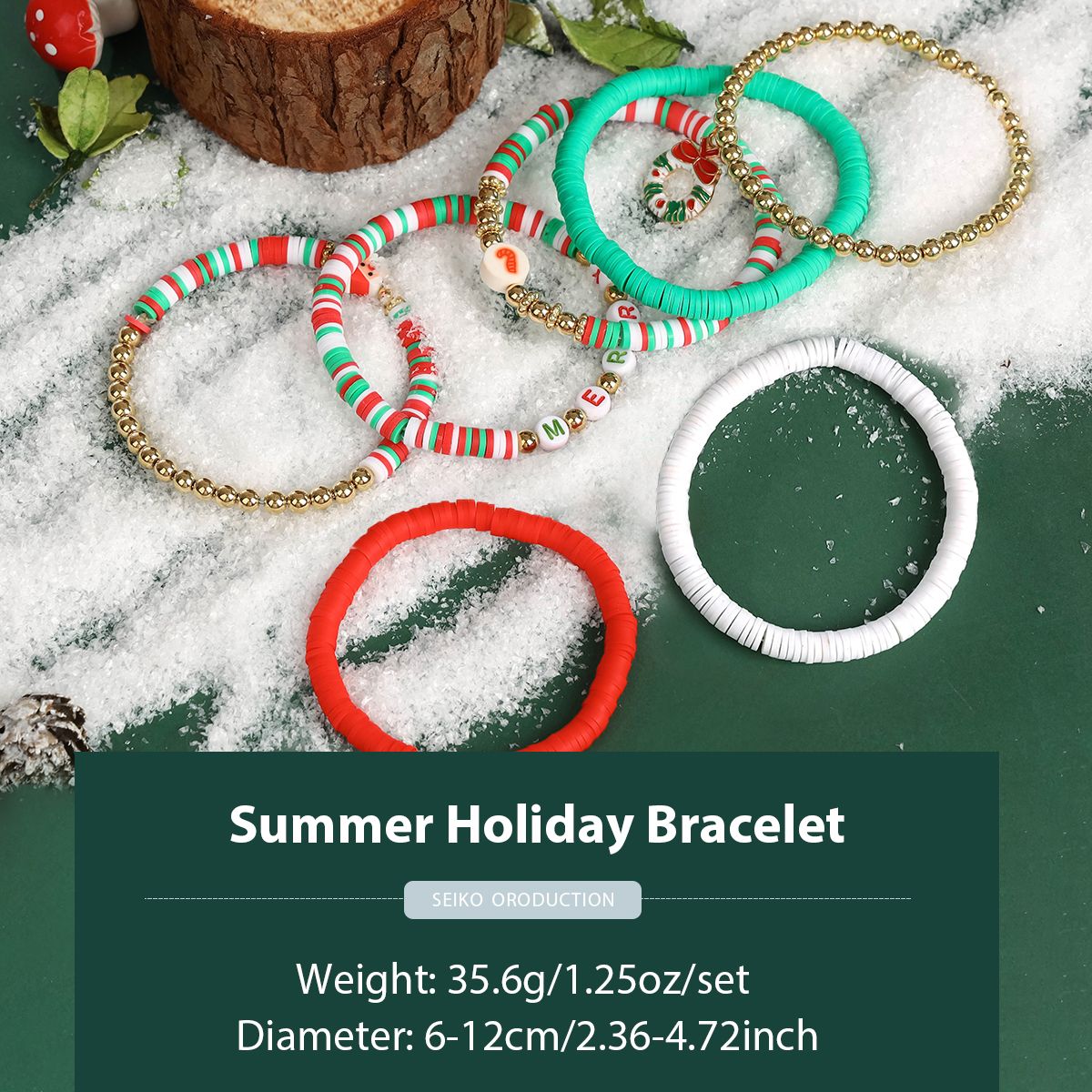 7 Pieces Christmas Soft Ceramic Zinc Alloy Wreath Alphabet Handmade Beaded Elastic Adjustable Fashion Bracelet Set