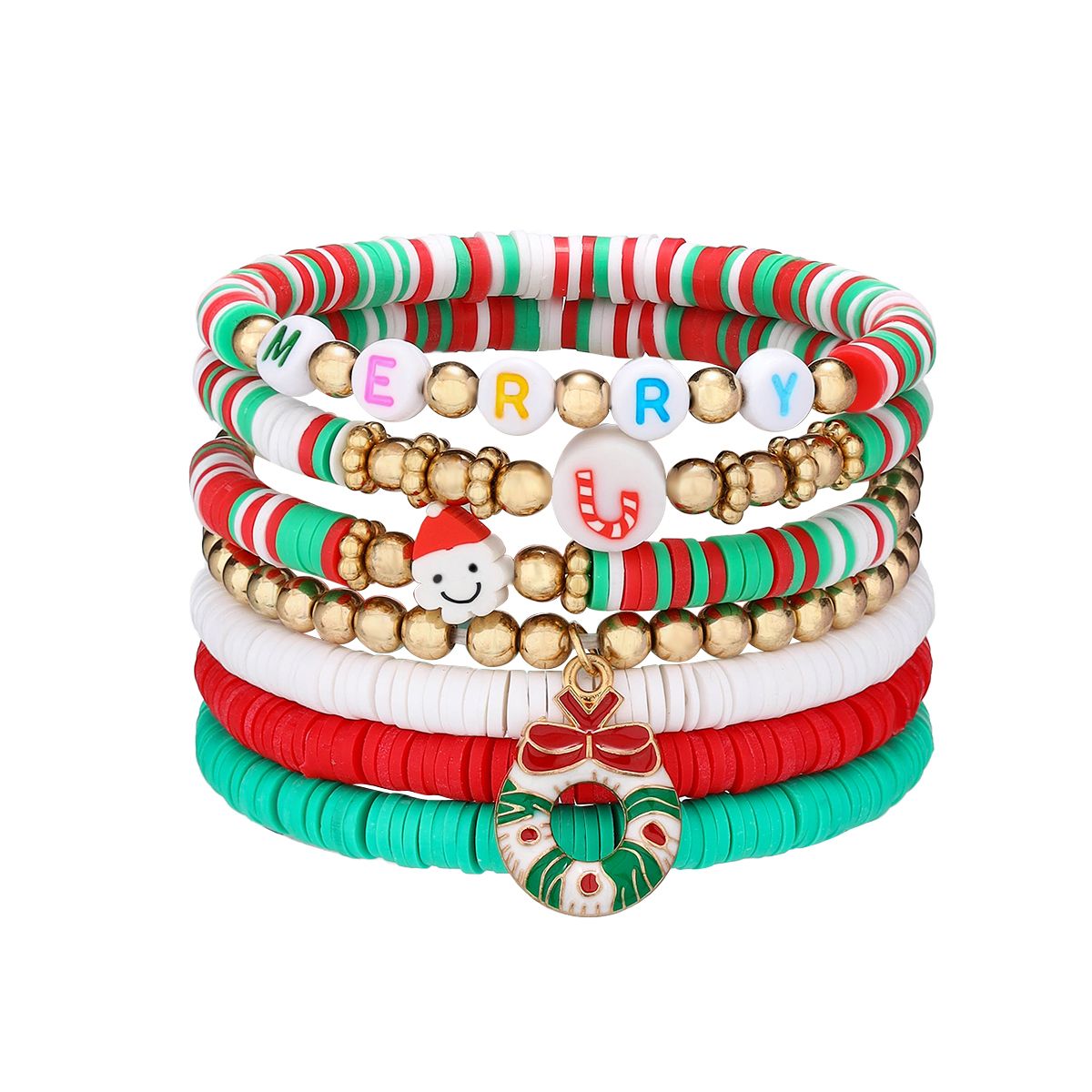 7 Pieces Christmas Soft Ceramic Zinc Alloy Wreath Alphabet Handmade Beaded Elastic Adjustable Fashion Bracelet Set