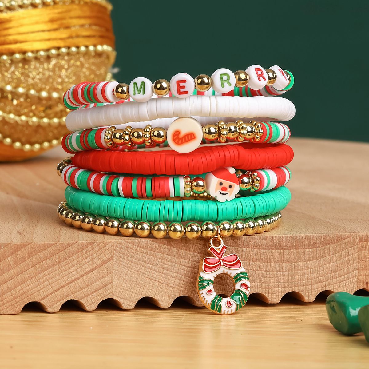 7 Pieces Christmas Soft Ceramic Zinc Alloy Wreath Alphabet Handmade Beaded Elastic Adjustable Fashion Bracelet Set