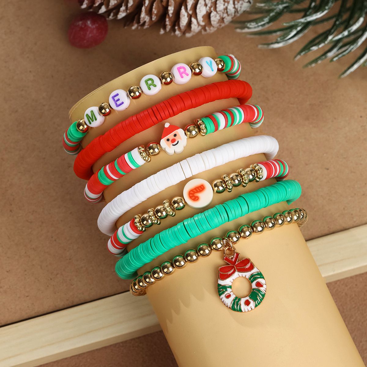 7 Pieces Christmas Soft Ceramic Zinc Alloy Wreath Alphabet Handmade Beaded Elastic Adjustable Fashion Bracelet Set