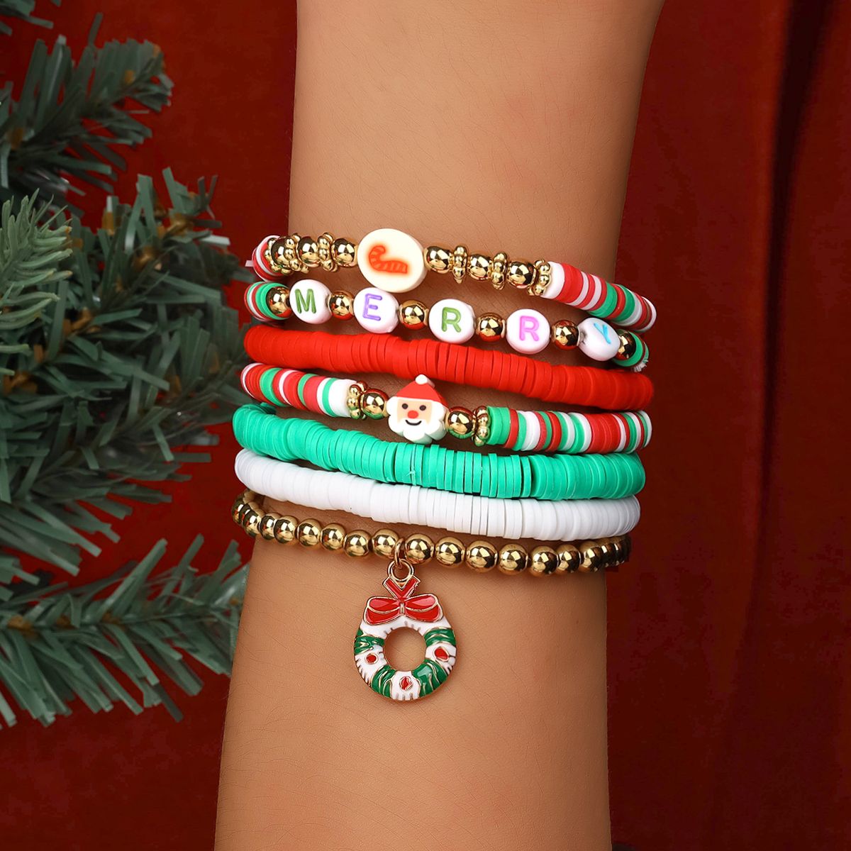 7 Pieces Christmas Soft Ceramic Zinc Alloy Wreath Alphabet Handmade Beaded Elastic Adjustable Fashion Bracelet Set