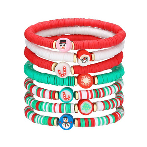 7 Pieces Christmas Soft Ceramic Zinc Alloy Small Snowman Star Santa Handmade Beaded Elastic Adjustable Fashion Bracelet Set