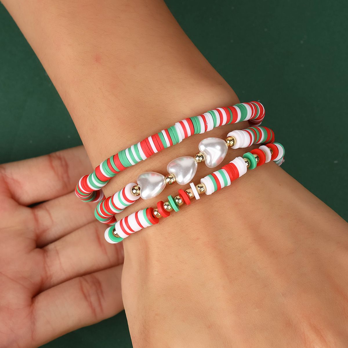 3 Pieces Christmas Soft Ceramic Zinc Alloy Heart Handmade Beaded Elastic Adjustable Fashion Bracelet Set