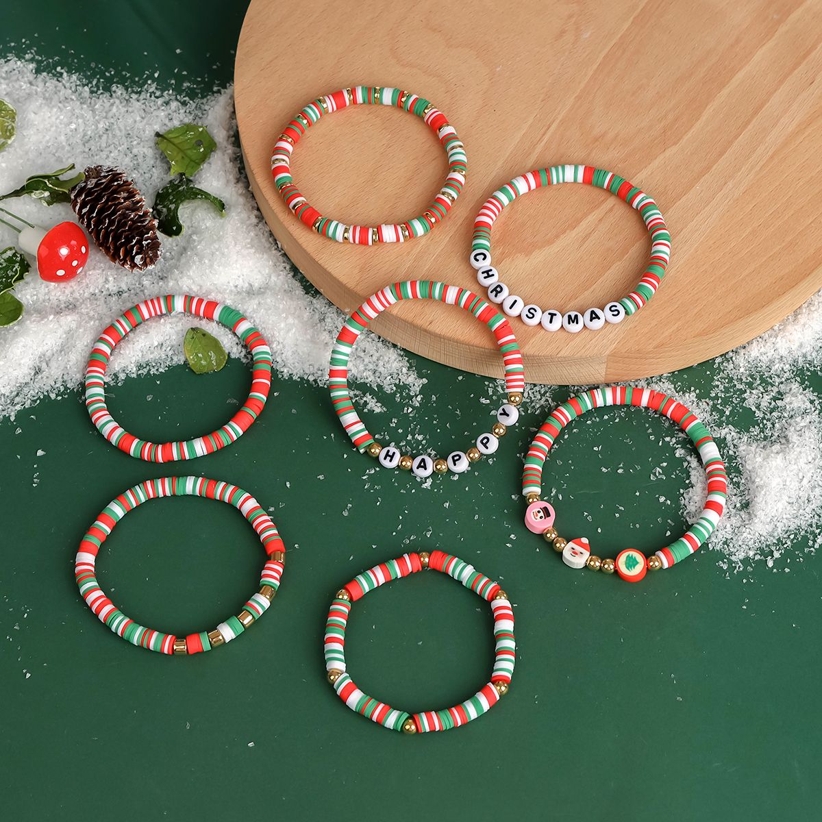 7 Pieces Christmas soft ceramic zinc alloy snowman santa letters handmade beads elastic adjustable fashion bracelet set