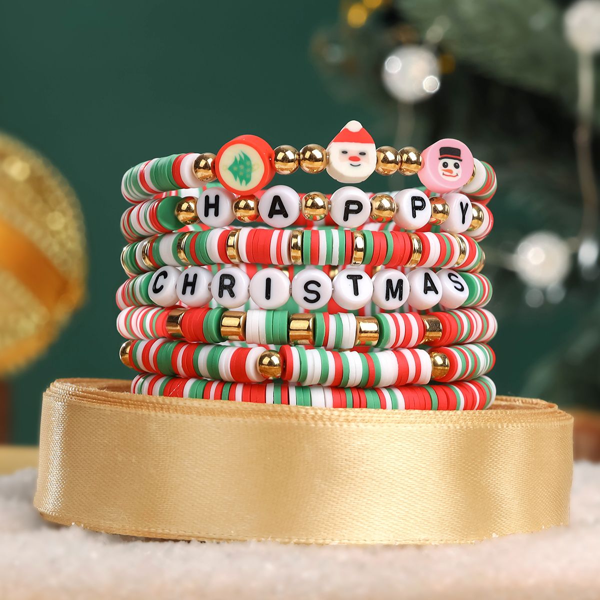 7 Pieces Christmas soft ceramic zinc alloy snowman santa letters handmade beads elastic adjustable fashion bracelet set