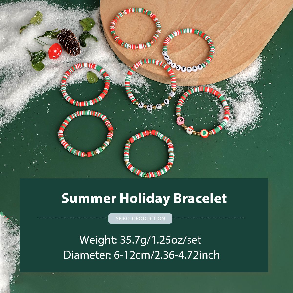 7 Pieces Christmas soft ceramic zinc alloy snowman santa letters handmade beads elastic adjustable fashion bracelet set