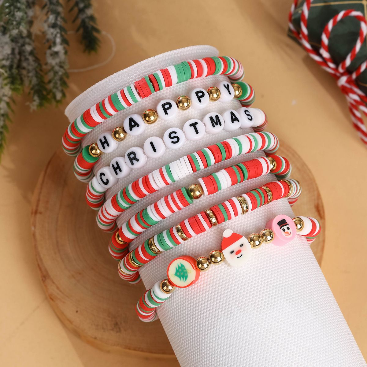 7 Pieces Christmas soft ceramic zinc alloy snowman santa letters handmade beads elastic adjustable fashion bracelet set