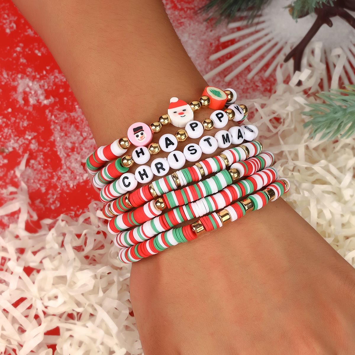 7 Pieces Christmas soft ceramic zinc alloy snowman santa letters handmade beads elastic adjustable fashion bracelet set