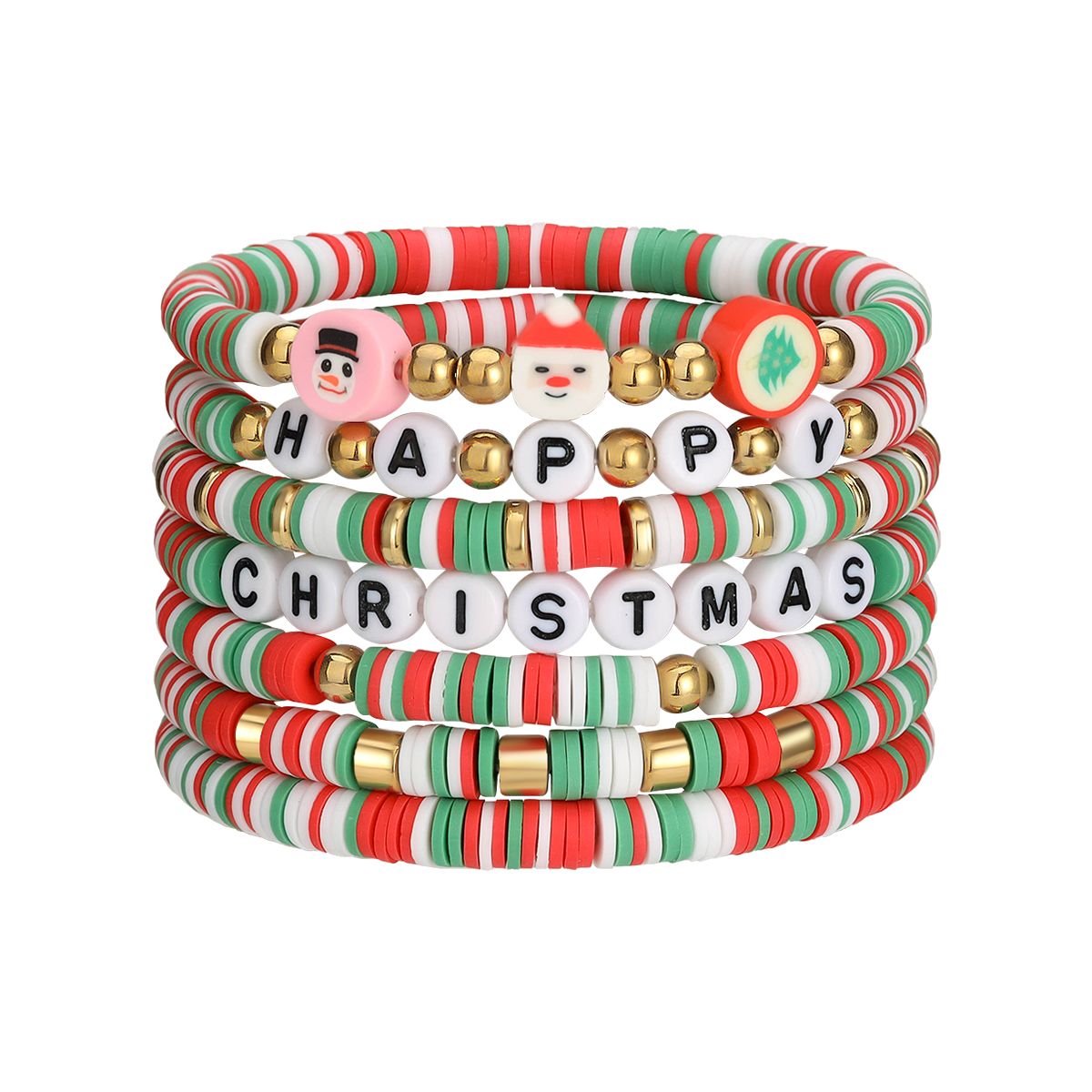 7 Pieces Christmas soft ceramic zinc alloy snowman santa letters handmade beads elastic adjustable fashion bracelet set