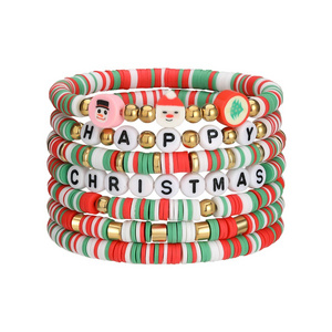 7 Pieces Christmas soft ceramic zinc alloy snowman santa letters handmade beads elastic adjustable fashion bracelet set