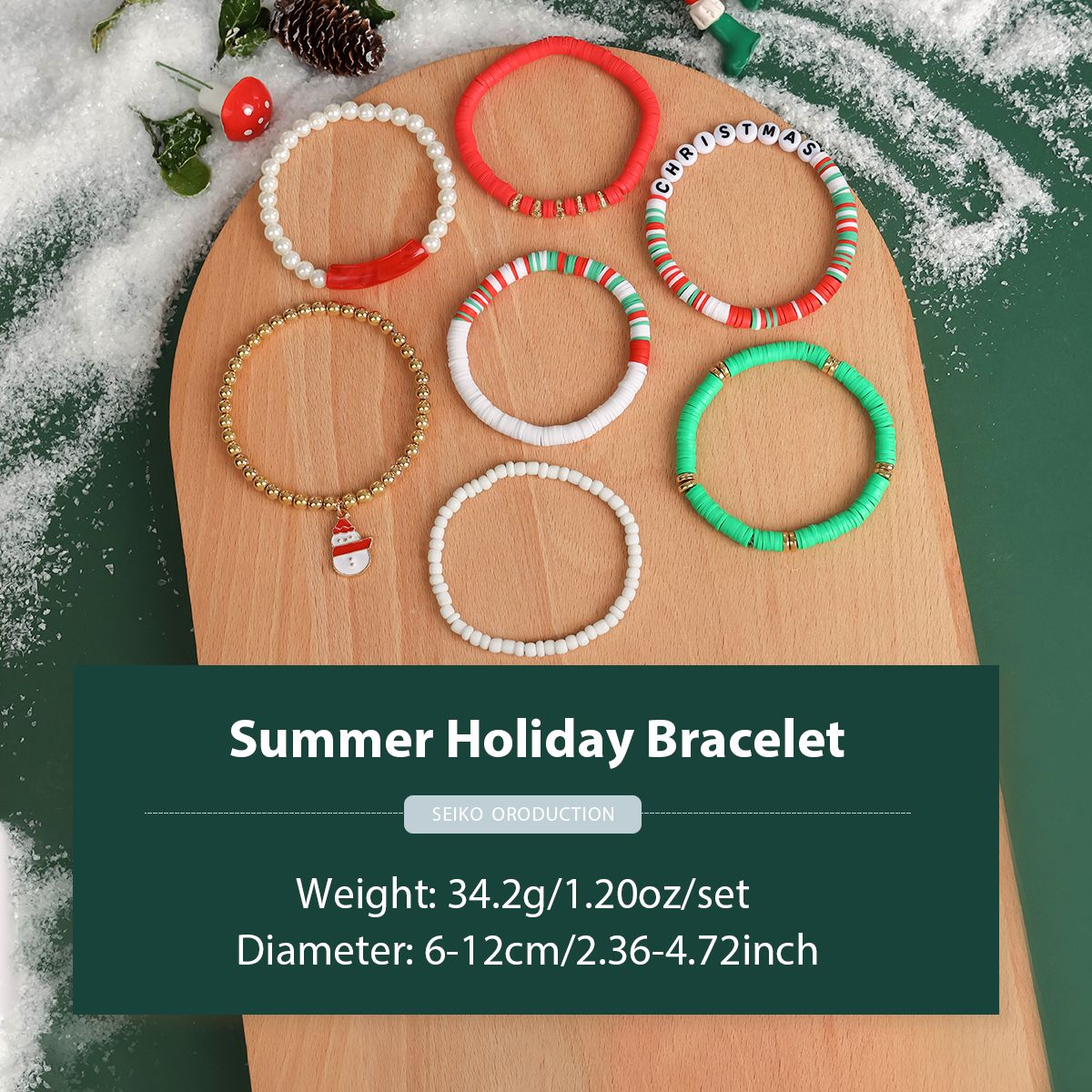 7 Pieces Christmas Soft Ceramic Zinc Alloy Snowman Alphabet Handmade Beaded Elastic Adjustable Fashion Bracelet Set