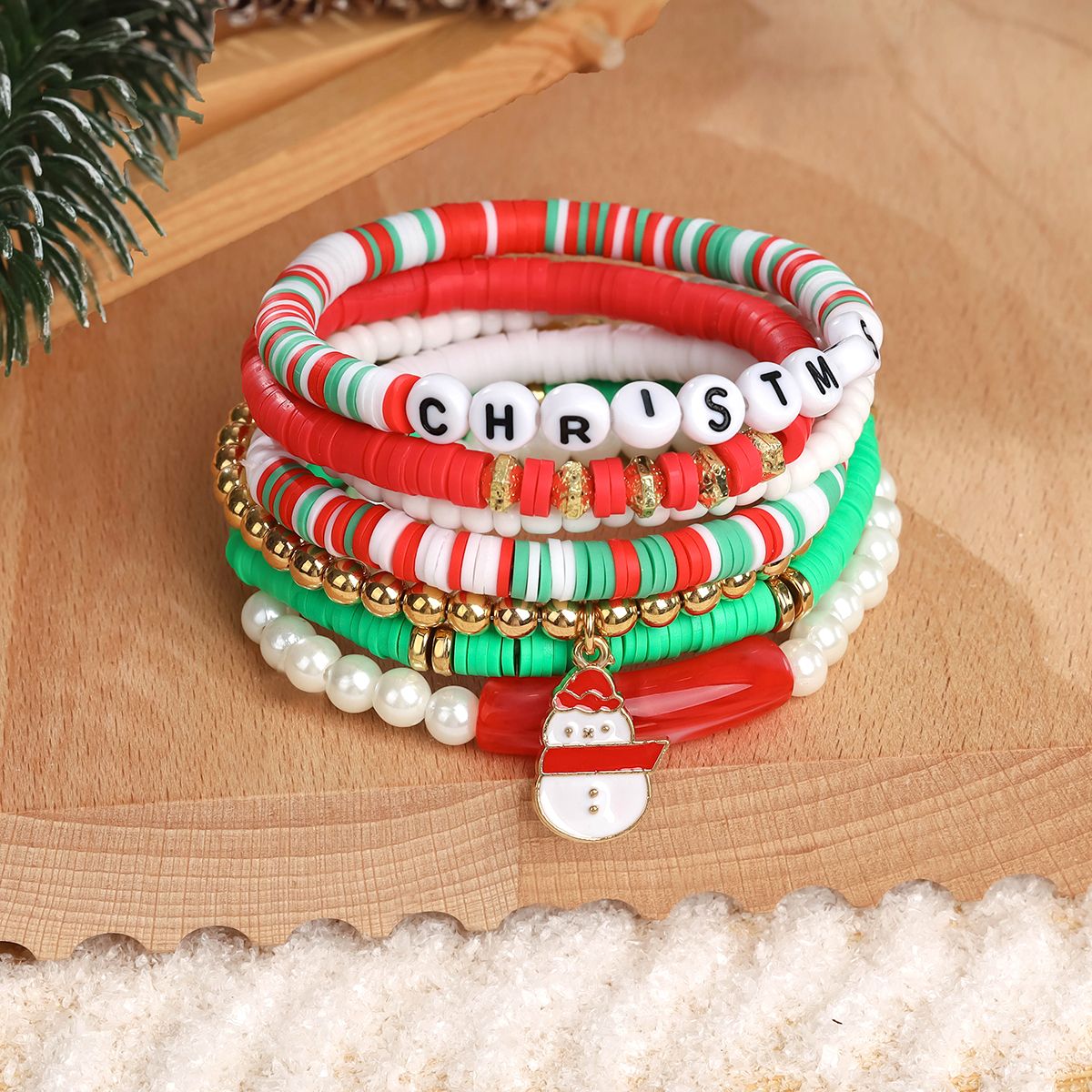 7 Pieces Christmas Soft Ceramic Zinc Alloy Snowman Alphabet Handmade Beaded Elastic Adjustable Fashion Bracelet Set