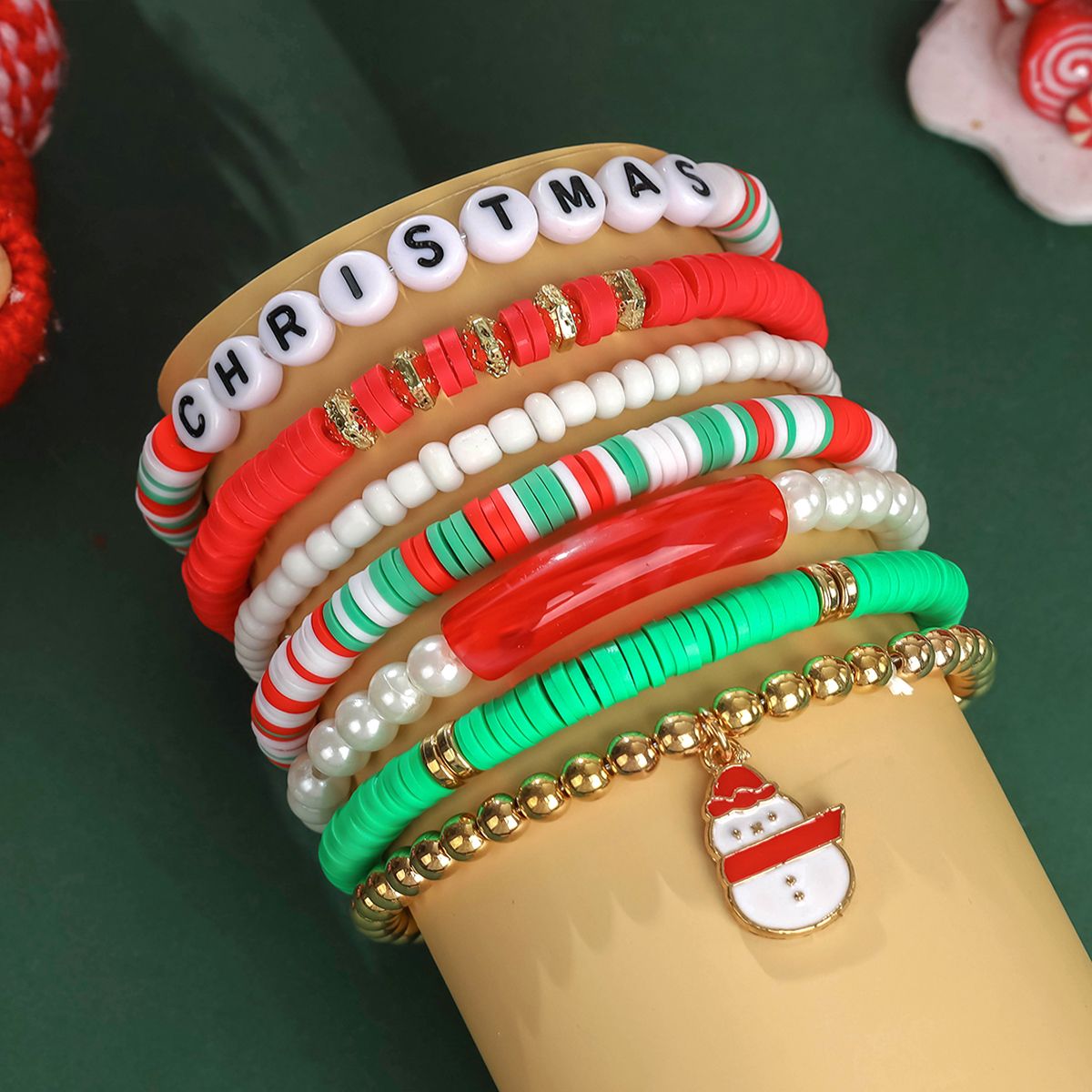 7 Pieces Christmas Soft Ceramic Zinc Alloy Snowman Alphabet Handmade Beaded Elastic Adjustable Fashion Bracelet Set