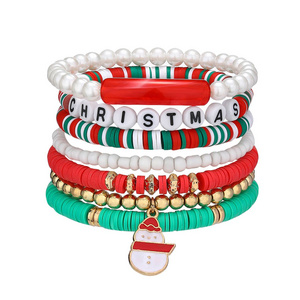 7 Pieces Christmas Soft Ceramic Zinc Alloy Snowman Alphabet Handmade Beaded Elastic Adjustable Fashion Bracelet Set