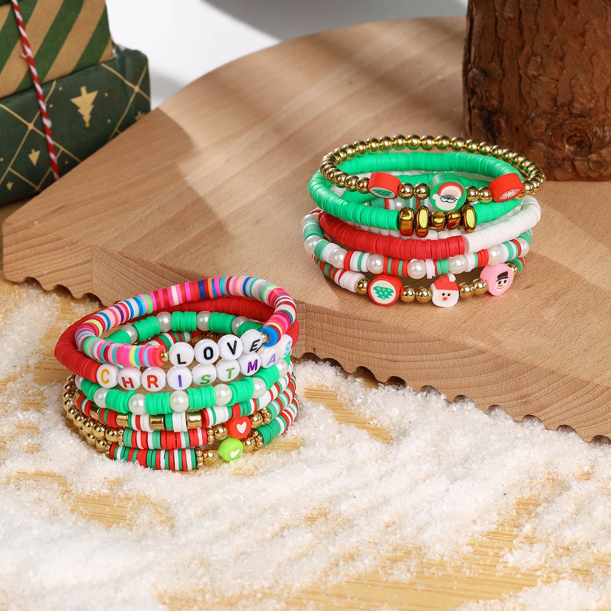 12 pieces Christmas soft ceramic zinc alloy snowman heart letter handmade beads elastic adjustable fashion bracelet set