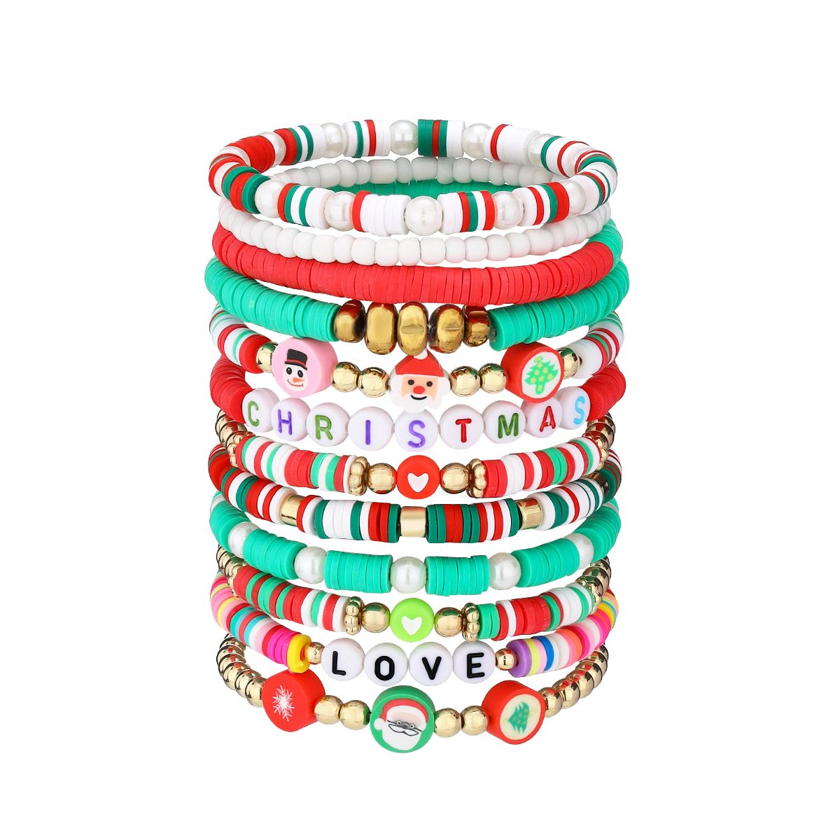 12 pieces Christmas soft ceramic zinc alloy snowman heart letter handmade beads elastic adjustable fashion bracelet set