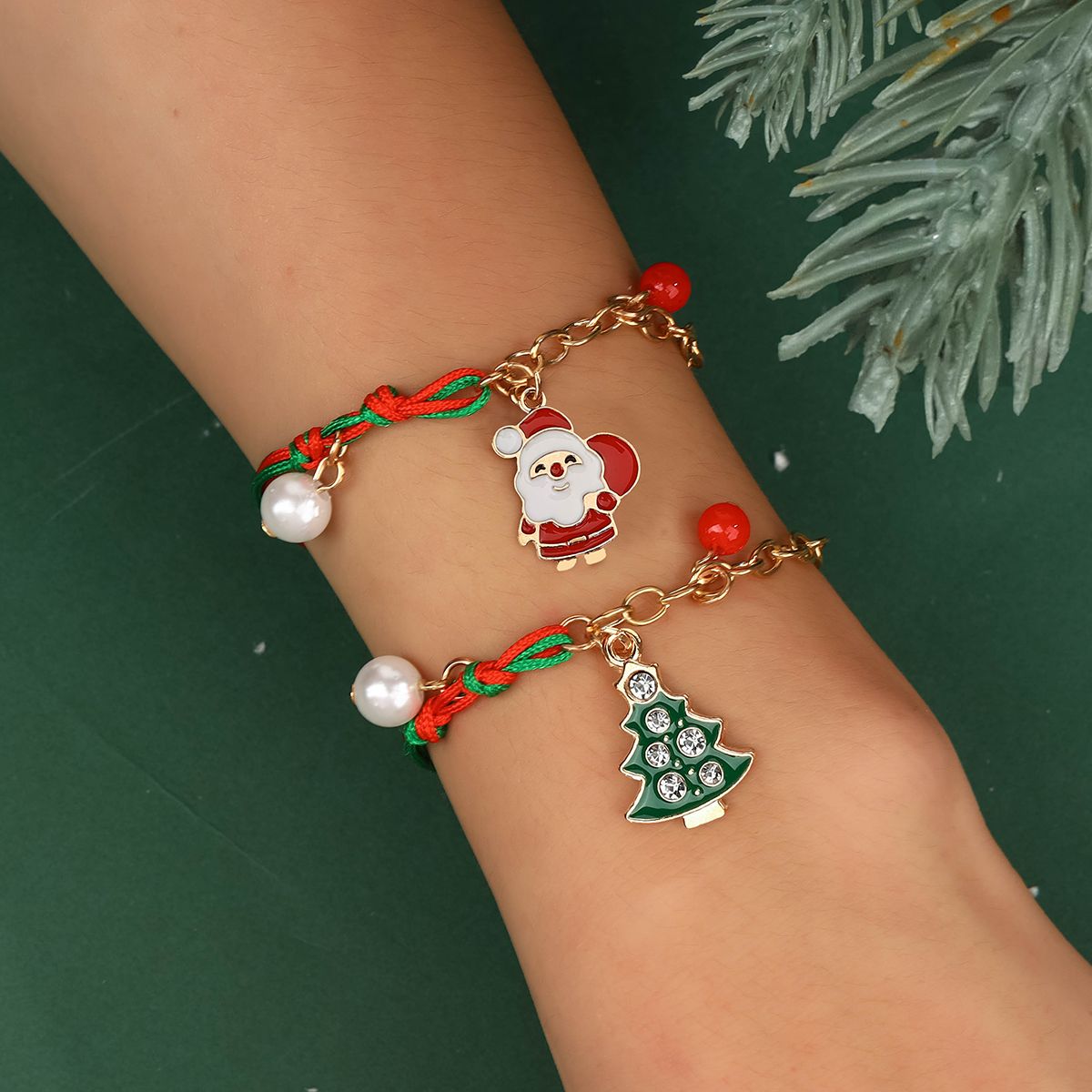 8 Pieces Christmas Braided Rope Zinc Alloy Father Christmas Bells Snowman Charms Adjustable Fashion Bracelet Set