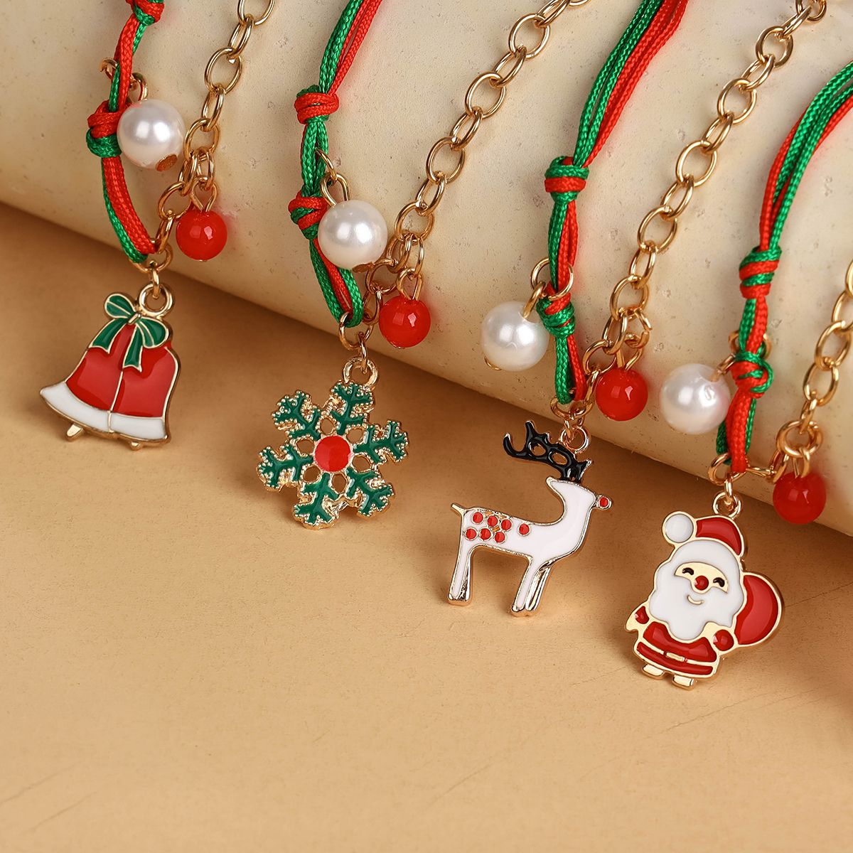 8 Pieces Christmas Braided Rope Zinc Alloy Father Christmas Bells Snowman Charms Adjustable Fashion Bracelet Set