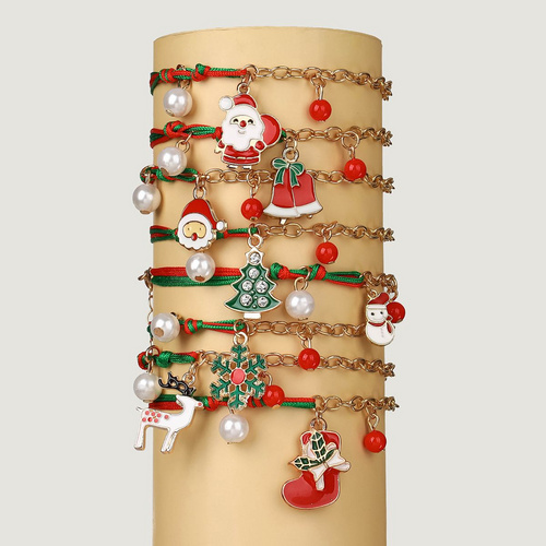 8 Pieces Christmas Braided Rope Zinc Alloy Father Christmas Bells Snowman Charms Adjustable Fashion Bracelet Set