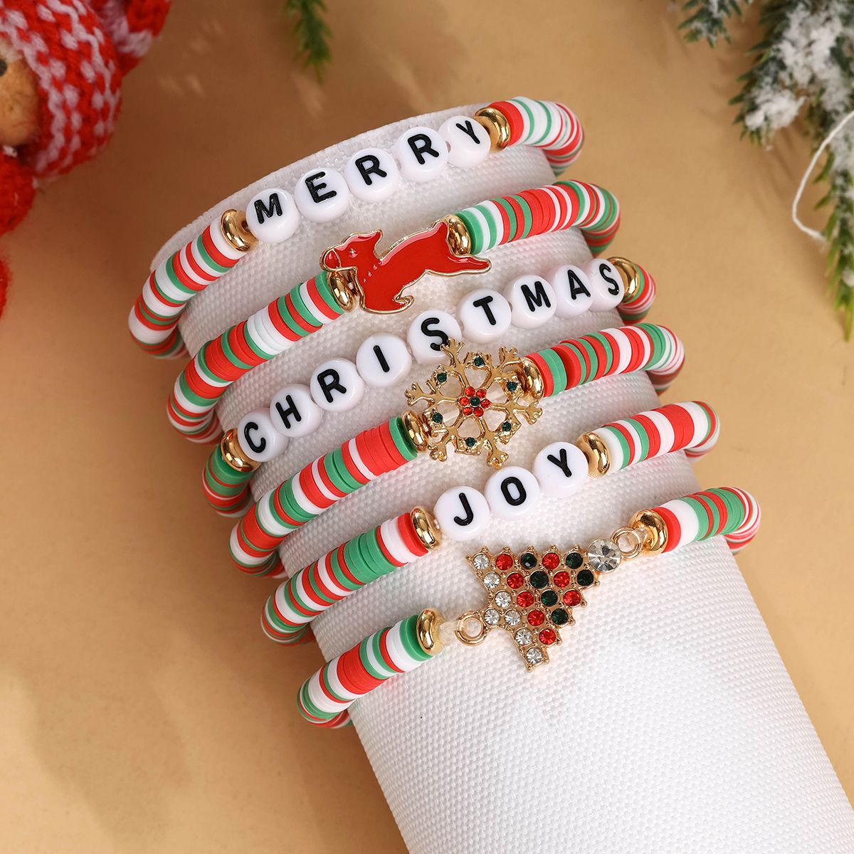 6 Pieces Christmas soft ceramic zinc alloy snowflake Christmas tree handmade beads elastic adjustable fashion bracelet set