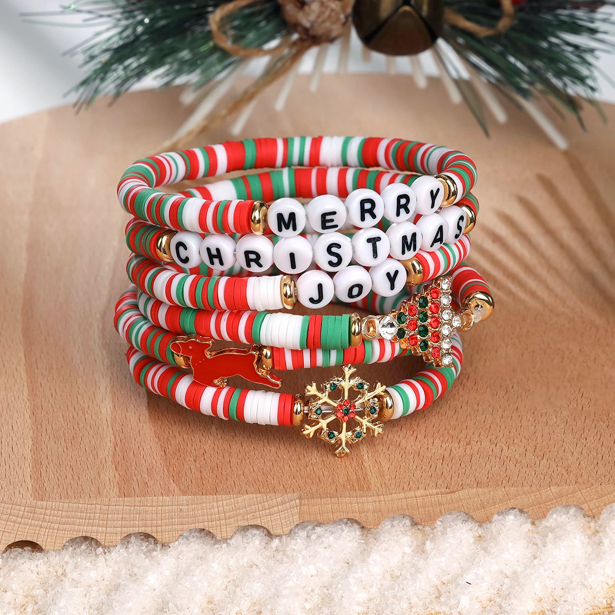 6 Pieces Christmas soft ceramic zinc alloy snowflake Christmas tree handmade beads elastic adjustable fashion bracelet set