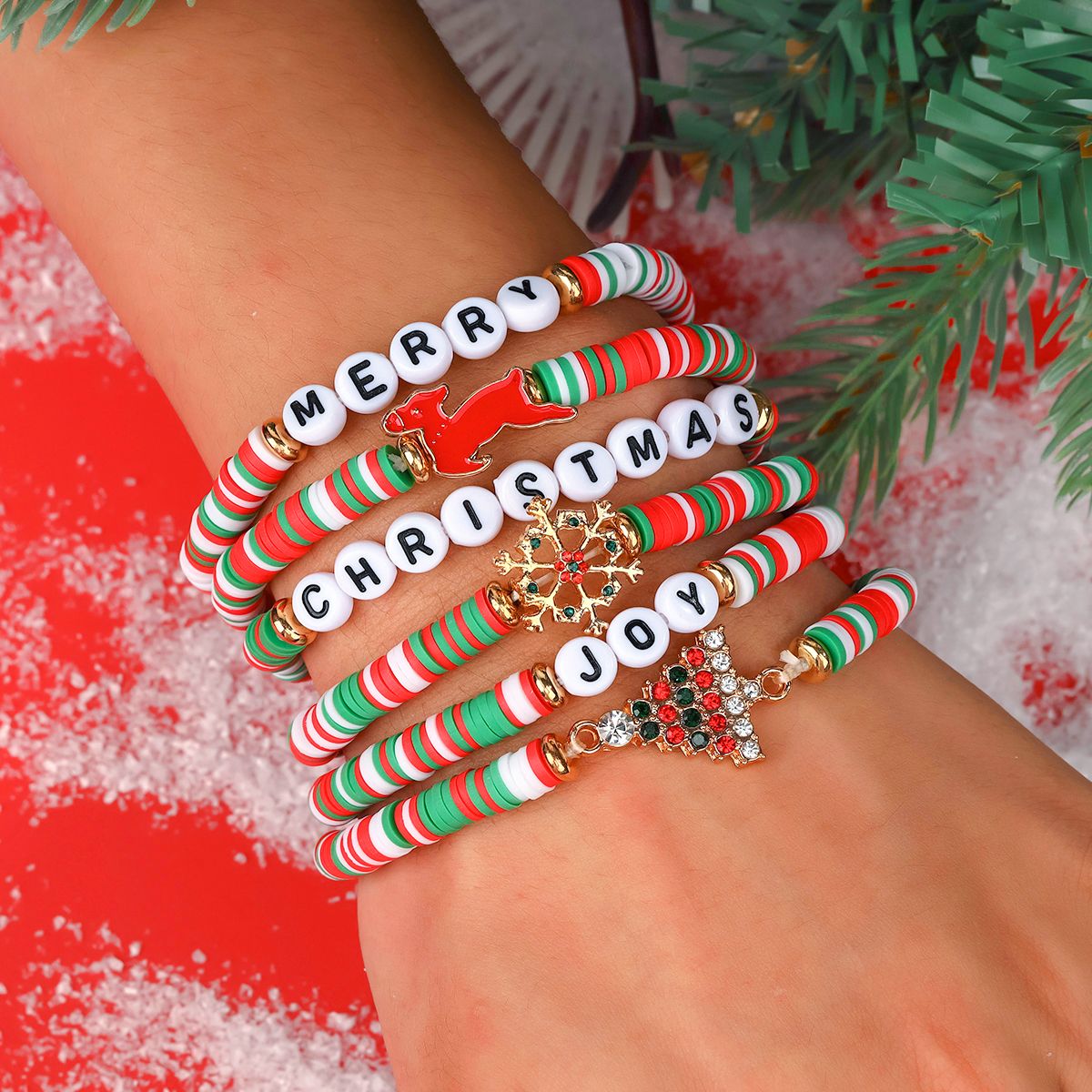 6 Pieces Christmas soft ceramic zinc alloy snowflake Christmas tree handmade beads elastic adjustable fashion bracelet set