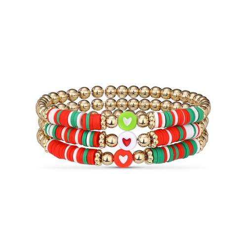 3 Pieces Christmas Soft Ceramic Zinc Alloy Heart Handmade Beaded Elastic Adjustable Bracelet Set