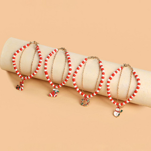 4 Pieces Christmas Rice Beads Zinc Alloy Snowman Wreath Handmade Beaded Elastic Adjustable Double Layer Bracelet Set