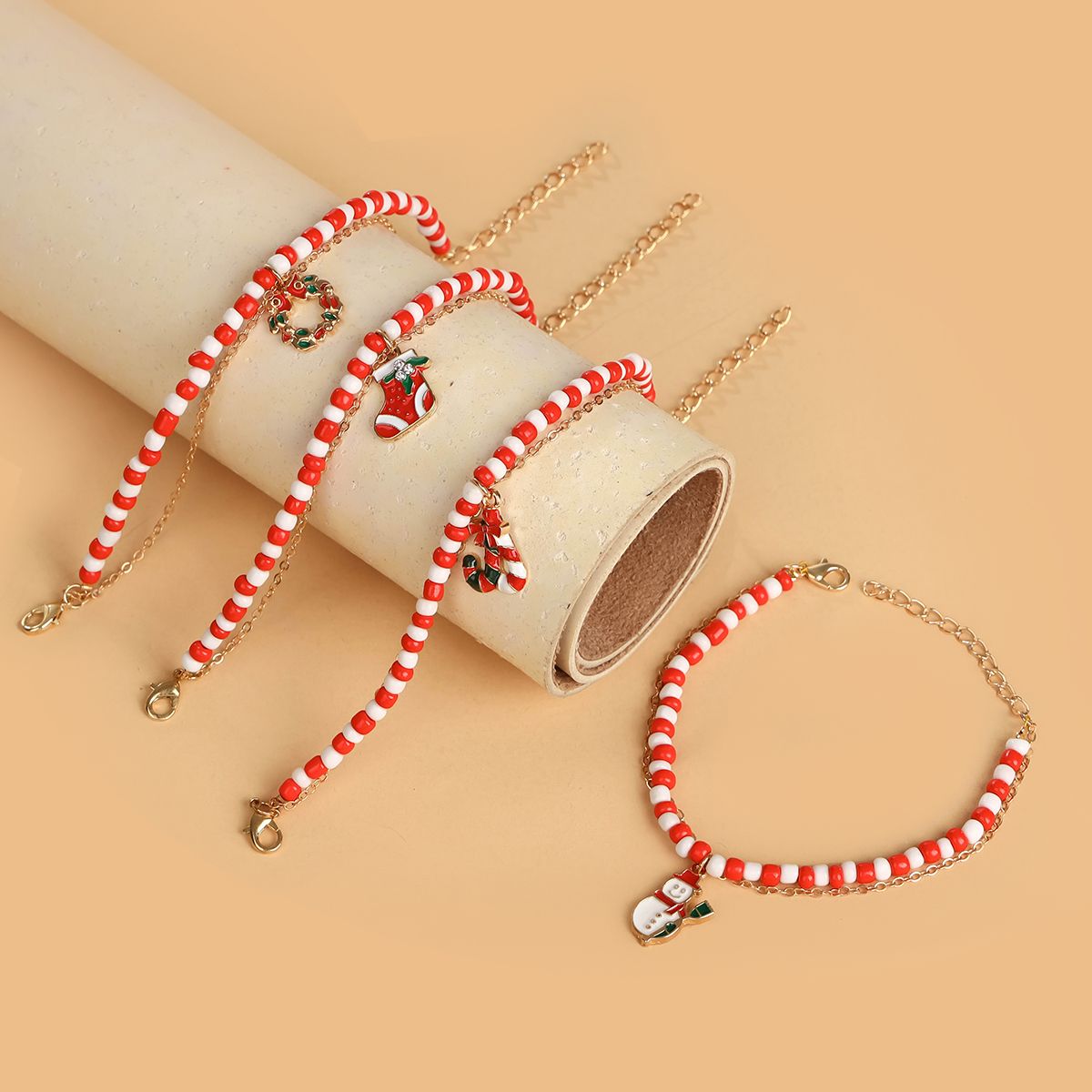 4 Pieces Christmas Rice Beads Zinc Alloy Snowman Wreath Handmade Beaded Elastic Adjustable Double Layer Bracelet Set