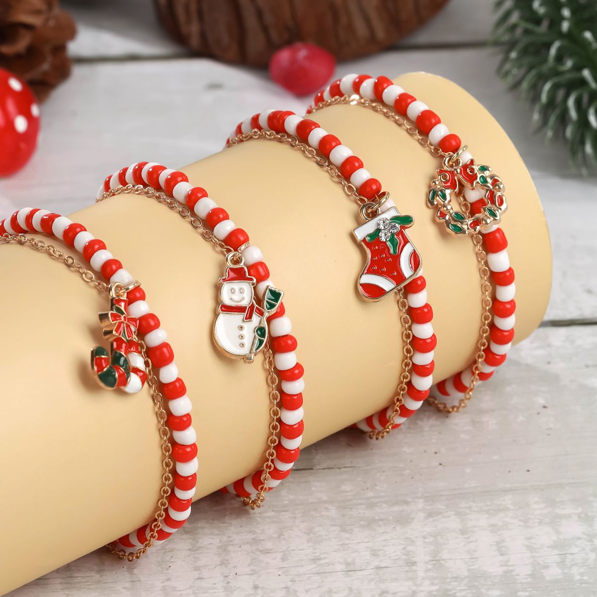 4 Pieces Christmas Rice Beads Zinc Alloy Snowman Wreath Handmade Beaded Elastic Adjustable Double Layer Bracelet Set